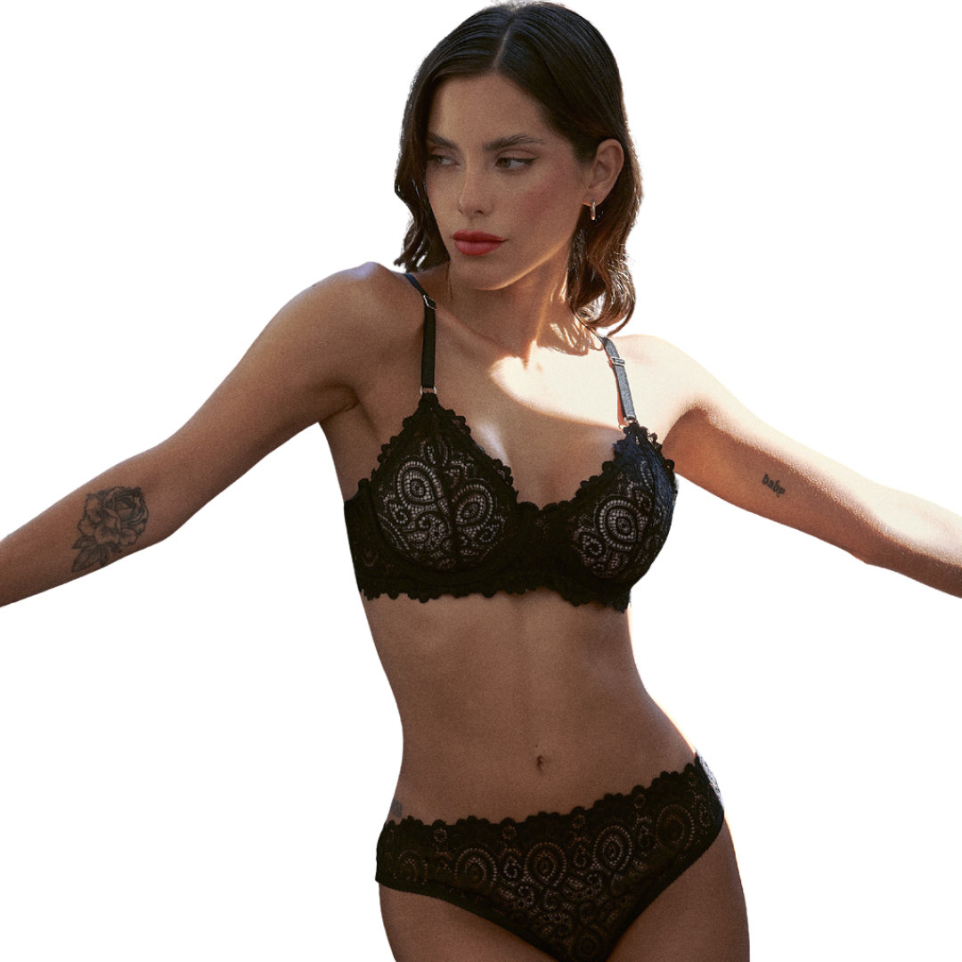 Conjunto Sexy Aro Puntilla Less Puntilla Lenceria Microtul - Negro