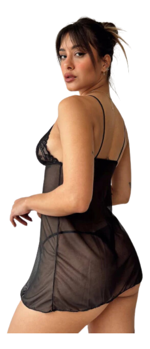 Babydoll Camisolin Yamena Tull Encaje Mujer Tanga - Negro
